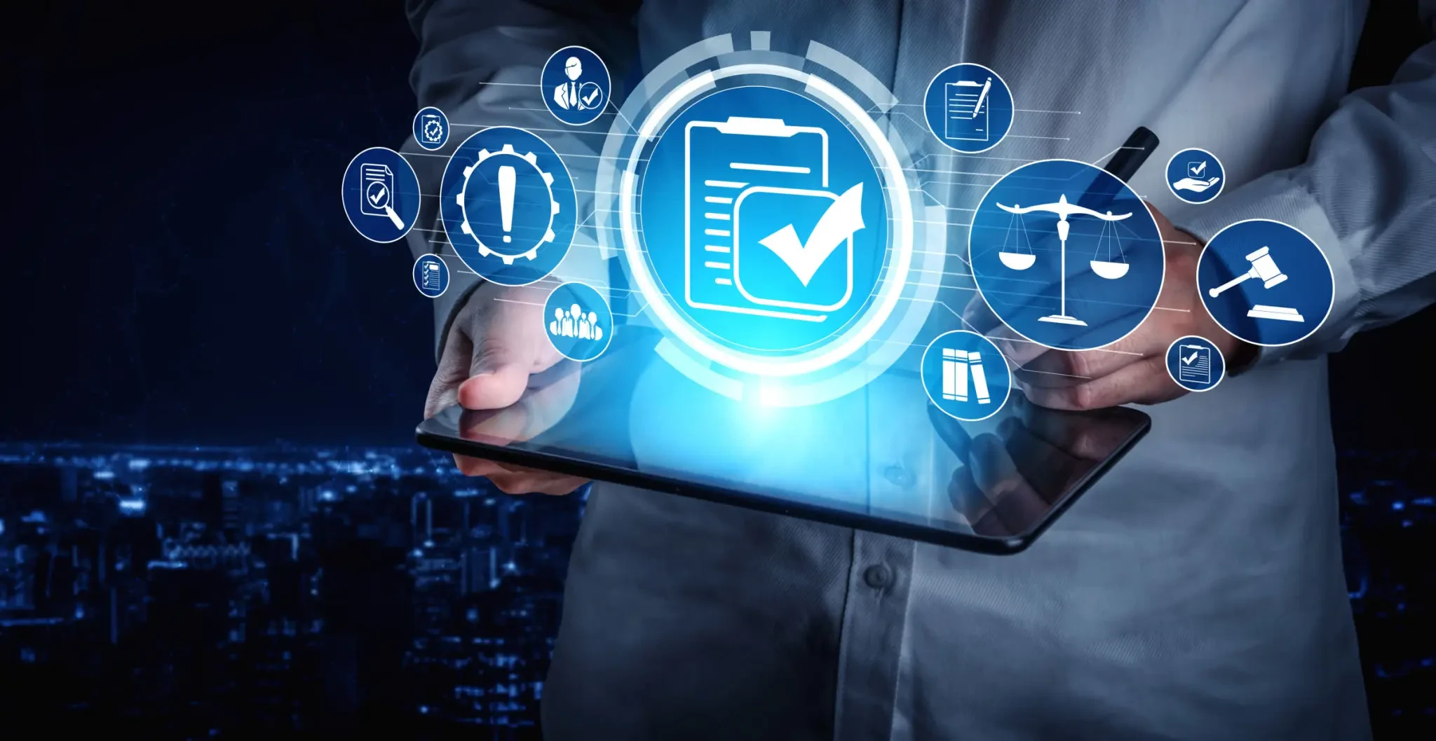 Business professional with compliance and legal holographic interface